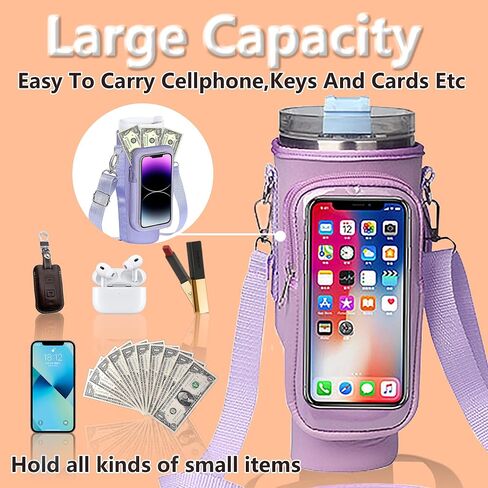 Water Bottle Carrier Bag with Touch Screen Pocket for Stanley 40oz Tumbler with Adjustable Shoulder Strap, Water Bottle holder bag for Phone Card Keys Hiking Stanley Cup Accessories (Black) in Saudi Arabia