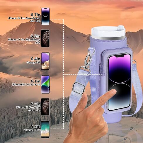 Water Bottle Carrier Bag with Touch Screen Pocket for Stanley 40oz Tumbler with Adjustable Shoulder Strap, Water Bottle holder bag for Phone Card Keys Hiking Stanley Cup Accessories (Black) in Saudi Arabia