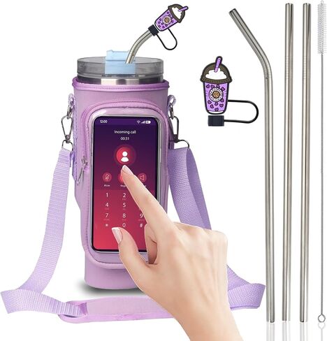 Water Bottle Carrier Bag with Touch Screen Pocket for Stanley 40oz Tumbler with Adjustable Shoulder Strap, Water Bottle holder bag for Phone Card Keys Hiking Stanley Cup Accessories (Black) in Saudi Arabia