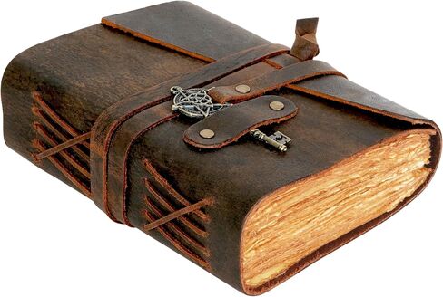 LEATHER VILLAGE Leather Bound Vintage Journal for Women & Men - 7"X5"(A7), Distressed Black, 200 Pages of Antique Deckle Edges Watercolor Paper-Book of Shadows|SpellBook|Sketchbook - Handmade in Saudi Arabia