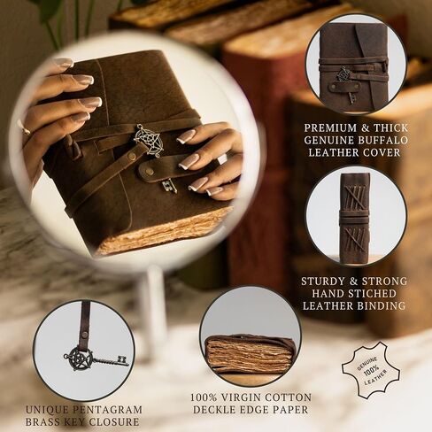 LEATHER VILLAGE Leather Bound Vintage Journal for Women & Men - 7"X5"(A7), Distressed Black, 200 Pages of Antique Deckle Edges Watercolor Paper-Book of Shadows|SpellBook|Sketchbook - Handmade in Saudi Arabia