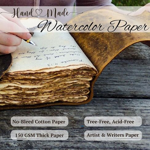 LEATHER VILLAGE Leather Bound Vintage Journal for Women & Men - 7"X5"(A7), Distressed Black, 200 Pages of Antique Deckle Edges Watercolor Paper-Book of Shadows|SpellBook|Sketchbook - Handmade in Saudi Arabia
