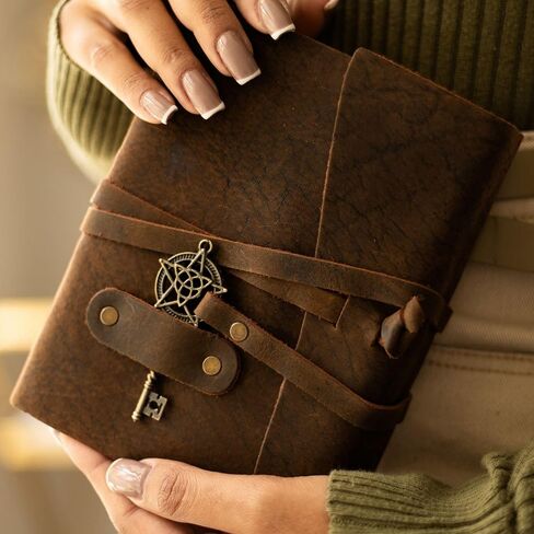 LEATHER VILLAGE Leather Bound Vintage Journal for Women & Men - 7"X5"(A7), Distressed Black, 200 Pages of Antique Deckle Edges Watercolor Paper-Book of Shadows|SpellBook|Sketchbook - Handmade in Saudi Arabia