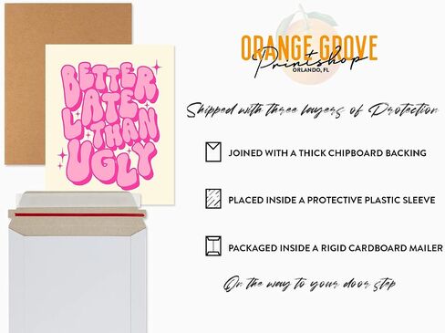 ORANGE GROVE PRINT SHOP Better Late Than Ugly Wall Decor Funny Bathroom Decor y2k room decor Preppy Room Decor Hippie Room Decor Funky Wall Art (8x10 Black Framed, Better Late Black) in Saudi Arabia
