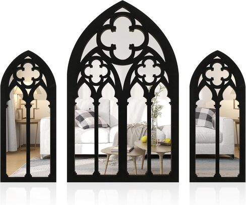 FR 3Pcs Wall Arch Mirrors Set Gothic Wall Mirror Decor Cathedral Arched Mirror Decor Decorative Arched Wall Mirror for Living Room Bedroom Entryway Bathroom Vanity ZHAZHAMO(C type (1 big flower)) in Kuwait