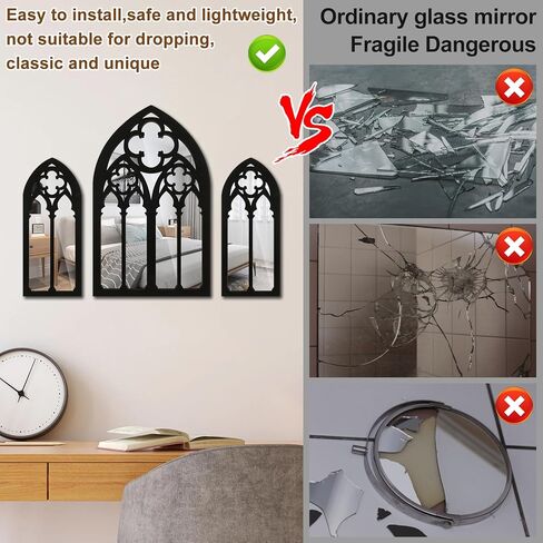 FR 3Pcs Wall Arch Mirrors Set Gothic Wall Mirror Decor Cathedral Arched Mirror Decor Decorative Arched Wall Mirror for Living Room Bedroom Entryway Bathroom Vanity ZHAZHAMO(C type (1 big flower)) in Kuwait