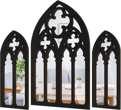 FR 3Pcs Wall Arch Mirrors Set Gothic Wall Mirror Decor Cathedral Arched Mirror Decor Decorative Arched Wall Mirror for Living Room Bedroom Entryway Bathroom Vanity ZHAZHAMO(C type (1 big flower)) in Kuwait