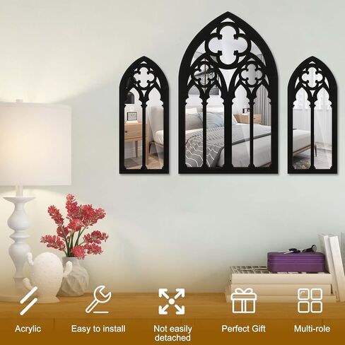 FR 3Pcs Wall Arch Mirrors Set Gothic Wall Mirror Decor Cathedral Arched Mirror Decor Decorative Arched Wall Mirror for Living Room Bedroom Entryway Bathroom Vanity ZHAZHAMO(C type (1 big flower)) in Kuwait