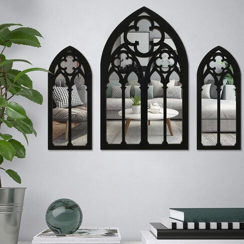 FR 3Pcs Wall Arch Mirrors Set Gothic Wall Mirror Decor Cathedral Arched Mirror Decor Decorative Arched Wall Mirror for Living Room Bedroom Entryway Bathroom Vanity ZHAZHAMO(C type (1 big flower)) in Kuwait