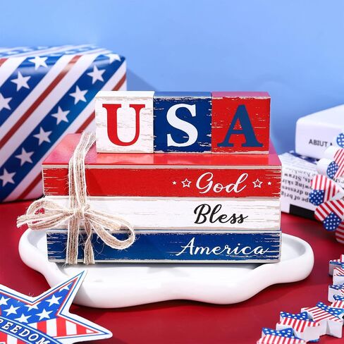 Whaline 4th of July Tiered Tray Decor Rustic Patriotic Fake Wooden Book Decor Independence Day God Bless American Faux Books Bundle with Ribbons Farmhouse Patriotic Decor for Table Mantle Decoration in Saudi Arabia
