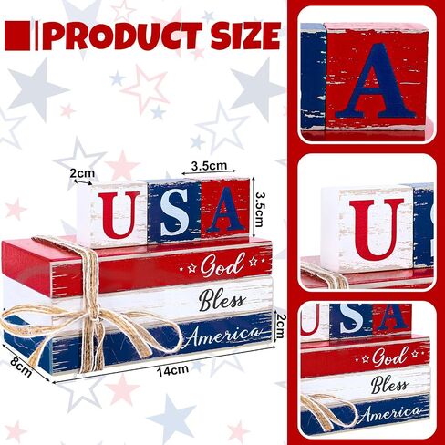 Whaline 4th of July Tiered Tray Decor Rustic Patriotic Fake Wooden Book Decor Independence Day God Bless American Faux Books Bundle with Ribbons Farmhouse Patriotic Decor for Table Mantle Decoration in Saudi Arabia