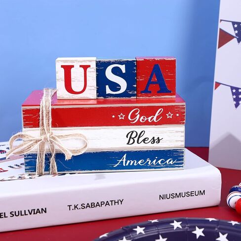 Whaline 4th of July Tiered Tray Decor Rustic Patriotic Fake Wooden Book Decor Independence Day God Bless American Faux Books Bundle with Ribbons Farmhouse Patriotic Decor for Table Mantle Decoration in Saudi Arabia