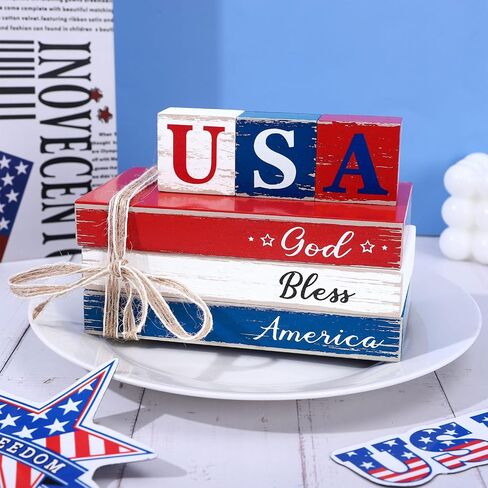 Whaline 4th of July Tiered Tray Decor Rustic Patriotic Fake Wooden Book Decor Independence Day God Bless American Faux Books Bundle with Ribbons Farmhouse Patriotic Decor for Table Mantle Decoration in Saudi Arabia