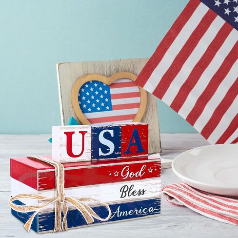 Whaline 4th of July Tiered Tray Decor Rustic Patriotic Fake Wooden Book Decor Independence Day God Bless American Faux Books Bundle with Ribbons Farmhouse Patriotic Decor for Table Mantle Decoration in Saudi Arabia