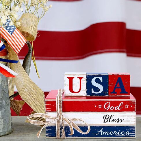 Whaline 4th of July Tiered Tray Decor Rustic Patriotic Fake Wooden Book Decor Independence Day God Bless American Faux Books Bundle with Ribbons Farmhouse Patriotic Decor for Table Mantle Decoration in Saudi Arabia