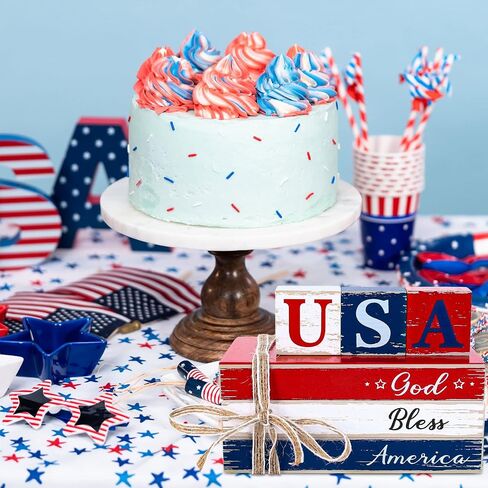 Whaline 4th of July Tiered Tray Decor Rustic Patriotic Fake Wooden Book Decor Independence Day God Bless American Faux Books Bundle with Ribbons Farmhouse Patriotic Decor for Table Mantle Decoration in Saudi Arabia