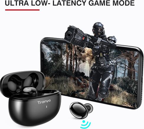 سماعات أذن لاسلكية TRANYA T20، صوت ممتاز مع صوت جهير عميق، وقت تشغيل 8 ساعات، تصميم 4 ميكروفونات للمكالمات، سماعات أذن بلوتوث مع وضع لعب منخفض الكمون، سماعات مقاومة للماء IPX7 للرياضة، أسود in Kuwait