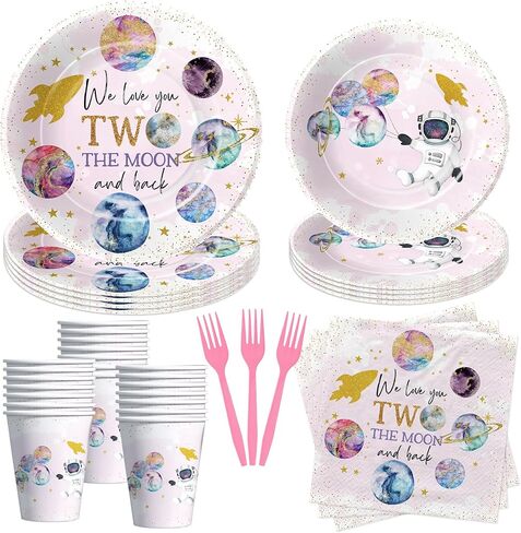 أدوات مائدة لزينة عيد الميلاد من تو ذا مون - لوازم حفلات عيد الميلاد الثاني للفضاء الخارجي، طبق، كوب، منديل، أدوات مائدة، ديكورات طاولة عيد ميلاد رواد الفضاء بعمر عامين | يخدم 24 in Kuwait