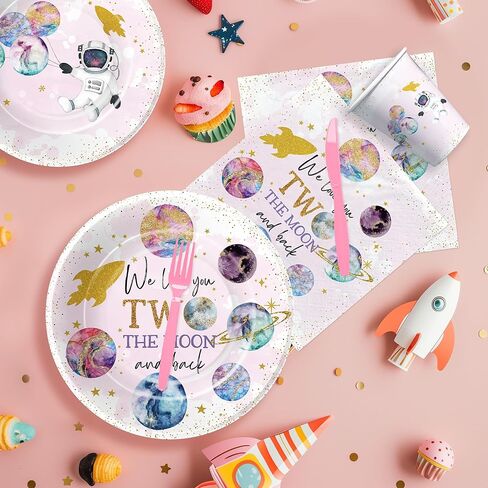 أدوات مائدة لزينة عيد الميلاد من تو ذا مون - لوازم حفلات عيد الميلاد الثاني للفضاء الخارجي، طبق، كوب، منديل، أدوات مائدة، ديكورات طاولة عيد ميلاد رواد الفضاء بعمر عامين | يخدم 24 in Kuwait