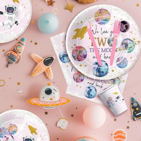 أدوات مائدة لزينة عيد الميلاد من تو ذا مون - لوازم حفلات عيد الميلاد الثاني للفضاء الخارجي، طبق، كوب، منديل، أدوات مائدة، ديكورات طاولة عيد ميلاد رواد الفضاء بعمر عامين | يخدم 24 in Kuwait
