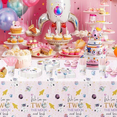 أدوات مائدة لزينة عيد الميلاد من تو ذا مون - لوازم حفلات عيد الميلاد الثاني للفضاء الخارجي، طبق، كوب، منديل، أدوات مائدة، ديكورات طاولة عيد ميلاد رواد الفضاء بعمر عامين | يخدم 24 in Kuwait