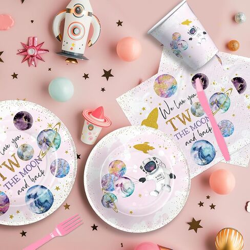 أدوات مائدة لزينة عيد الميلاد من تو ذا مون - لوازم حفلات عيد الميلاد الثاني للفضاء الخارجي، طبق، كوب، منديل، أدوات مائدة، ديكورات طاولة عيد ميلاد رواد الفضاء بعمر عامين | يخدم 24 in Kuwait