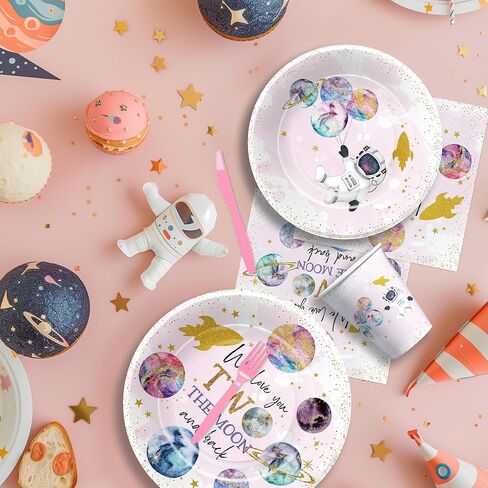 أدوات مائدة لزينة عيد الميلاد من تو ذا مون - لوازم حفلات عيد الميلاد الثاني للفضاء الخارجي، طبق، كوب، منديل، أدوات مائدة، ديكورات طاولة عيد ميلاد رواد الفضاء بعمر عامين | يخدم 24 in Kuwait