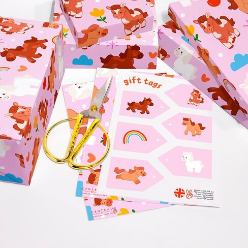 CENTRAL 23 Pink Gift Wrap - Baby Girl Wrapping Paper - 6 Sheets of GiftWrap - Rainbow Pony - Floral - For Birthday, Baby Shower, Baptism - Recyclable in Saudi Arabia
