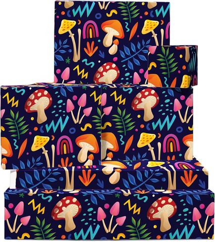 CENTRAL 23 Mushroom Wrapping Paper - For Men And Women - 6 Sheets Thick Gift Wrap - Black Colorful Psychedelic - For Birthday Halloween Christmas - Comes With Fun Stickers in Saudi Arabia