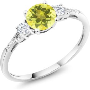 Gem Stone King 10K White Gold 6MM Round Gemstone Birthstone White Created Sapphire & White Diamond Accent 3-Stone Engagement Ring | Three-Stone Wedding Anniversary Promise Ring For Women