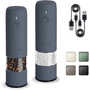Small Electric Salt and Pepper Grinder Set, USB Rechargeable, Automatic Pepper Mill Grinder with Adjustable Coarseness, Electric Salt Shakers, One Hand Operation for Kitchen (2 Packs, Blue-Grey)