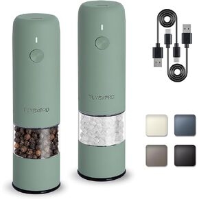 Small Electric Salt and Pepper Grinder Set, USB Rechargeable, Automatic Pepper Mill Grinder with Adjustable Coarseness, Electric Salt Shakers, One Hand Operation for Kitchen (2 Packs, Blue-Grey)