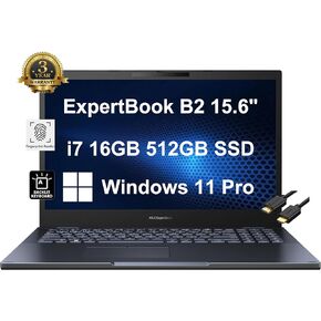 ASUS ExpertBook B2 Laptop (15.6" FHD, Intel 12-core i7-1260P, 16GB RAM, 512GB SSD) for Small Business, Traveling, Engineering, Backlit, Fingerprint, 3-Year Warranty, IST Cable, Win 11 Pro, Black