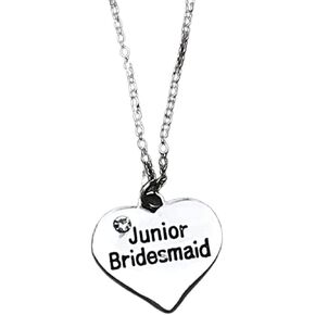 Infinity Collection Girls Elegant Junior Bridesmaid Charm Necklace | Silver Chain with Heart Pendant | Wedding Party Gift | Sparkling Rhinestone Accent Engraved Junior Bridesmaid