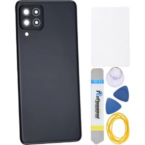 Black Plastic Back Panel Cover Replacement for Samsung Galaxy A22 with Rear Camera's Frame Rear Camera's Glass Cover Pre-Install Adhesive and Installation Instruction Tool Kit