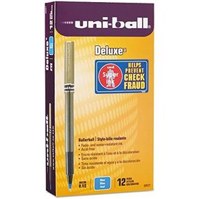 uni-ball 60027 Deluxe Roller Ball Stick Waterproof Pen Blue Ink Micro Dozen