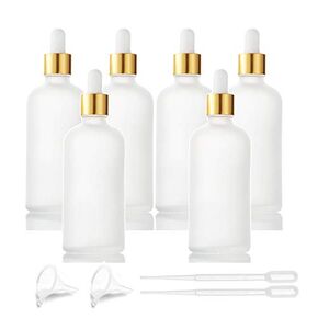 6 Pcs,3.4 Oz White Matte Glass Dropper Bottle for Essential Oils,Empty Glass Massage Oil Bottle Holder With Glass Reagent Pipette,Perfume Travel Container,Gold Aluminum Lid-Pipette,Funnel included