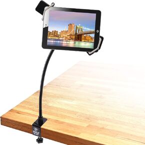 Pyle Tablet Holder Seat Bolt - Swivel Cradle, Table Clamp for All iPads, Kindle, Androids, eReaders, Nexus, Samsung Galaxy, Adjustable Gooseneck Arm, LED Lights, & USB Charging Port - PSPAD15, Black