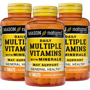MASON NATURAL Daily Multiple Vitamins with Minerals - 24 Essential Vitamins and Minerals, All in One Multivitamin, Supports Overall Health, 60 Tablets (Pack of 3)