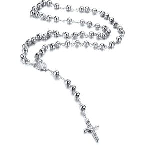 Christian Catholic Black Silver Stainless Steel Beads Crucifix Religious Long Rosary Necklace
