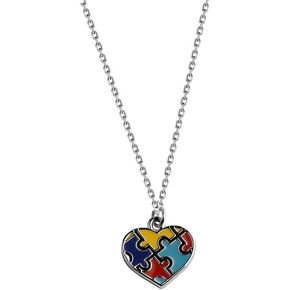 BEKECH Autism Awareness Necklace Autism Puzzle Jigsaw Heart Pendant Necklace Gift for Autistic Children Autism Mom SLP Gift