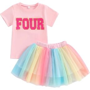BULINGNA Toddler Baby Girl Birthday Outfit Two/Three/Four/Five/Six Embroidery T-Shirt Tutu Skirt Cake Smash Outfit Summer