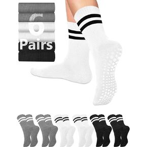 AURUZA 4-6 Pairs Pilates Grippy Socks with Grips for Women Non Slip Skid Yoga Socks Crew Length for Ballet Home Workout