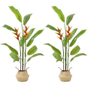 4.6FT Artificial Bird of Paradise Plant and Woven Seagrass Basket, Fake Banana Leaf Plant for Indoors and Outdoors,Faux Palm Tree for Office and Home Decor,(Set of 2)