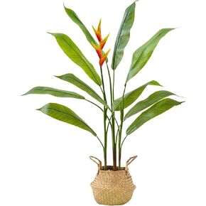 4.6FT Artificial Bird of Paradise Plant and Woven Seagrass Basket, Fake Banana Leaf Plant for Indoors and Outdoors,Faux Palm Tree for Office and Home Decor,(Set of 2)