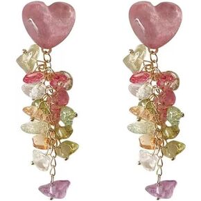 Lovely Heart Shape Earrings Heart Crushed Stone Tassel Earrings Natural Tumbled Stones Healing Earrings Love Heart Long Tassel Earrings Ear Drop Jewelry for Women Girls