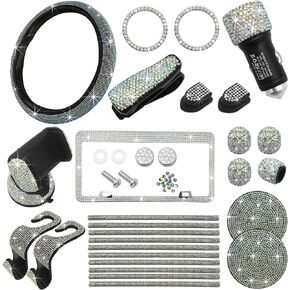 27PCS Bling Car Accessories Set for Women, Crystal Rhinestone Universal Steering Wheel Covers Fit 15 Inch, License Plate Frame, Phone Holder, Air Vent Outlet Trim, Coasters (AB Colorful)