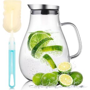 SUSTEAS 1.5 Liter 51oz Glass Pitcher, Water Pitcher with Lid And Wide Handle, Easy Clean Juice Jug for Fridge, Beverage Carafe for Cold/Hot Water, Iced Tea, 1 Long-Handled Brush Included