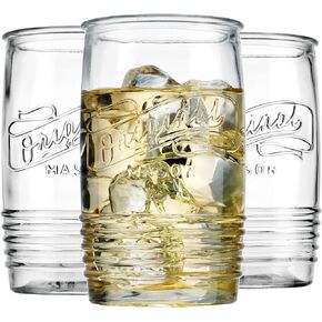 Glaver's Set of 8 Tumbler Glass Cups 20 OZ Mason Stemless Tall Drinking Glasses For Everyday Use, Modern yet Vintage Original Mason Logo Glassware for Bar, Water, Beer, Juice.