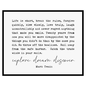 Mark Twain Quote Print Adventure Art Inspirational Quote Wall Decor Life Is Short Explore Dream Discover Sail Quote 8x10 inch - UNFRAMED